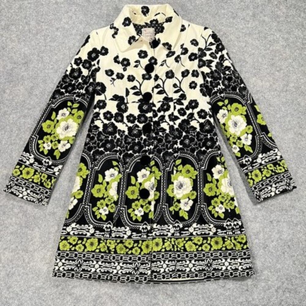 Nanette Lepore Coat Womens 2 Black Chartreuse Floral Print Velvet Vintage